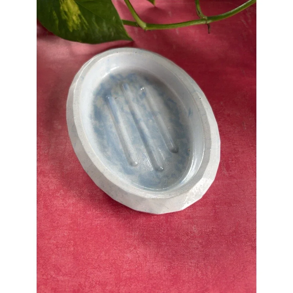 Handmade Soap Dish Cement Soap Holder Oval Bathroom Kitchen Marbled Blue